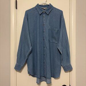 LOFT Womens Linen-Blend Chambray Everyday Oversized Pocket Shirt Top Tunic L NWT